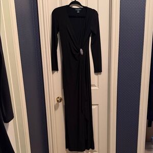 Ralph Lauren Black Long-Sleeve V-Neck Maxi Dress with Brooch Accent